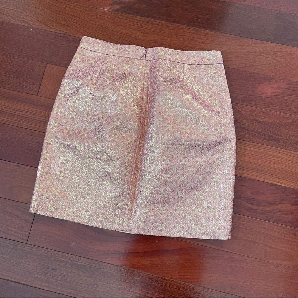 J. Crew pink and gold jacquard metallic skirt